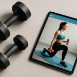 Physiotherapie-Setup mit Hanteln und Tablet – moderne digitale Trainingsanleitung mit KI-Unterstützung.