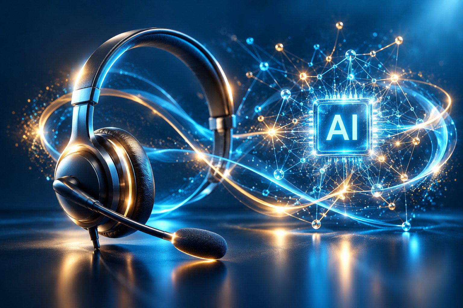 KI-Telefonassistent: Headset und KI-Chip mit vernetzten Lichtlinien